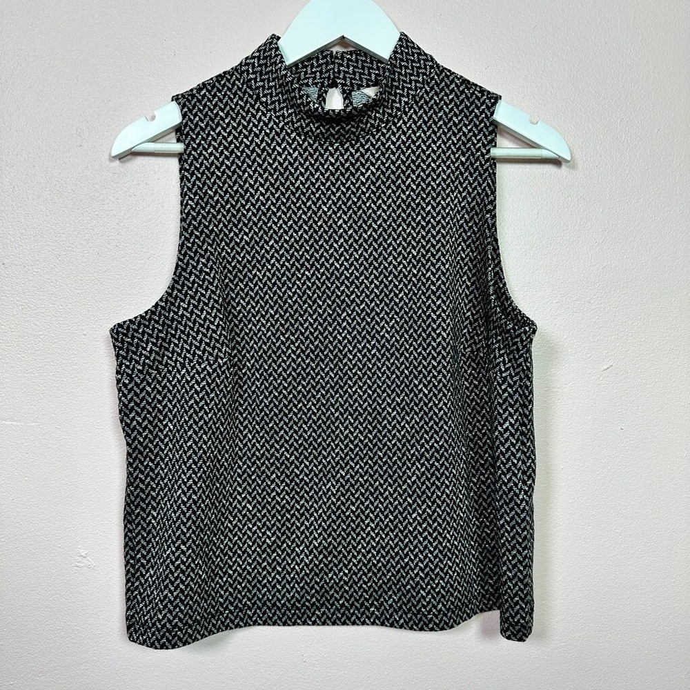 BANANA REPUBLIC Black Herringbone Mockneck Sleeveless Blouse, Medium